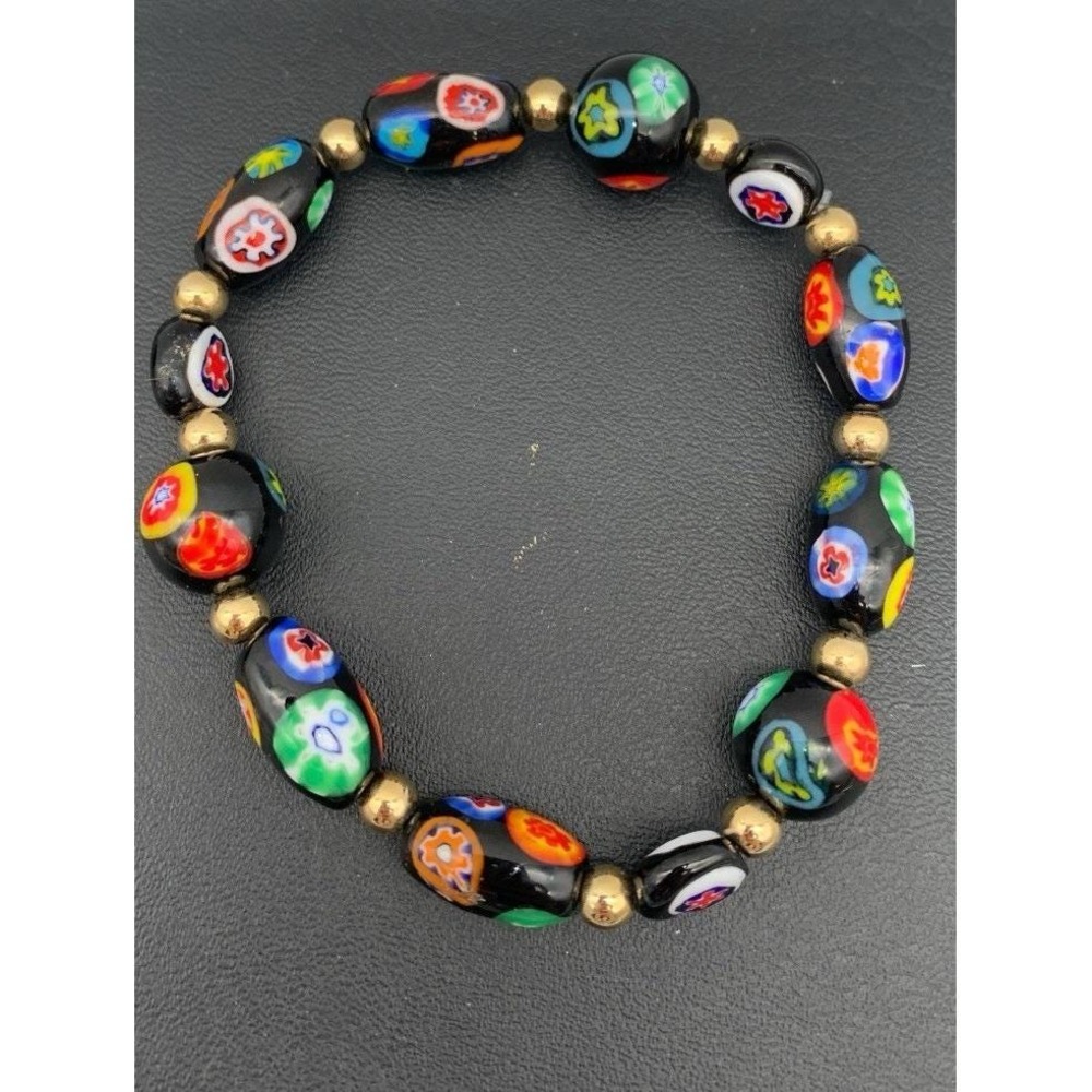 Beautiful Italian Millefiori Art Glass And Gold Tone Beaded Stretch Bracelet